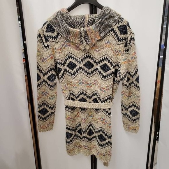 Cozy Boho Belted Hoodie Geometric Open Front Cardigan - Free People Vibes - Picture 8 of 11